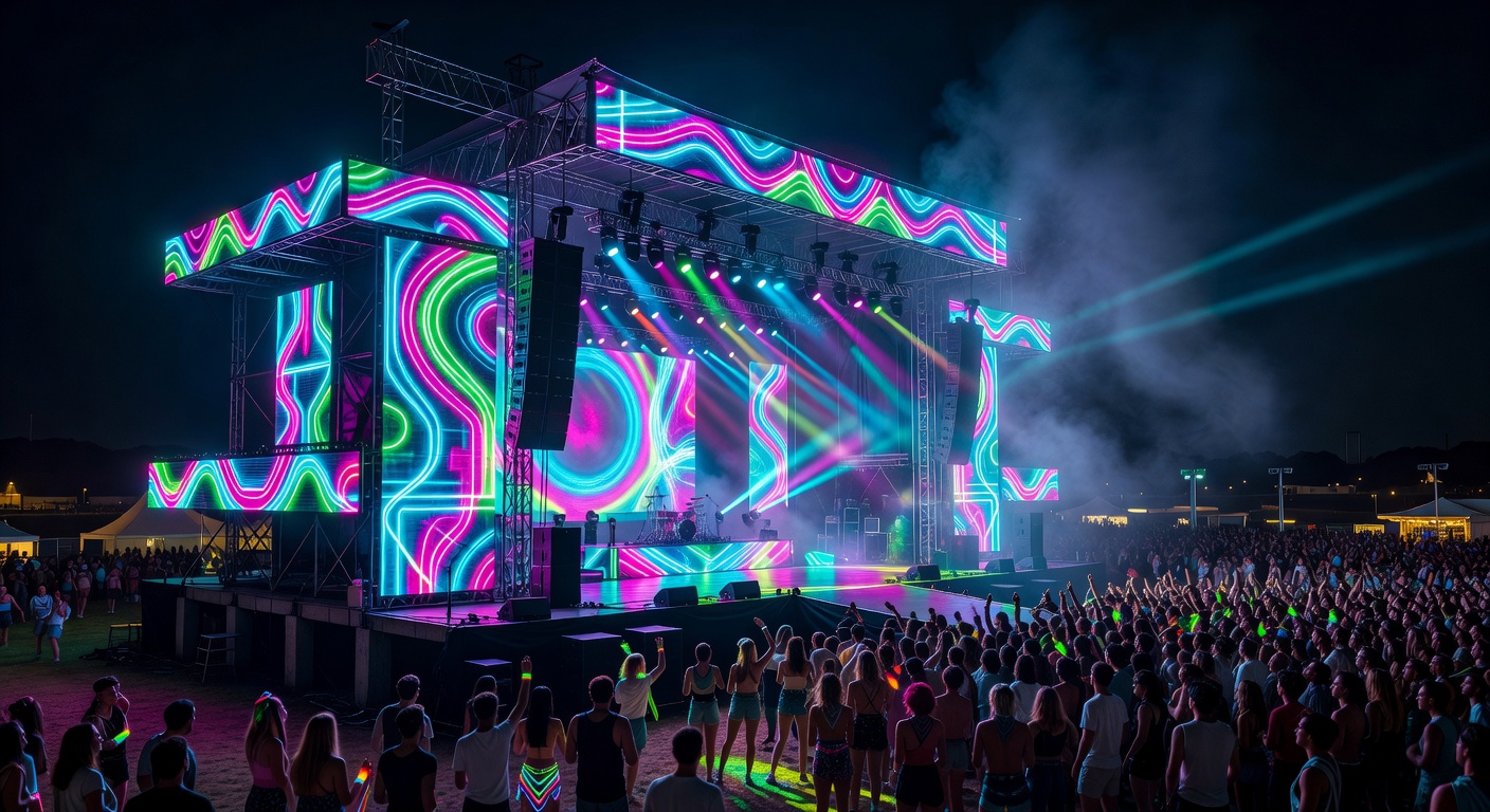 Summer Music Festival stage with neon lights